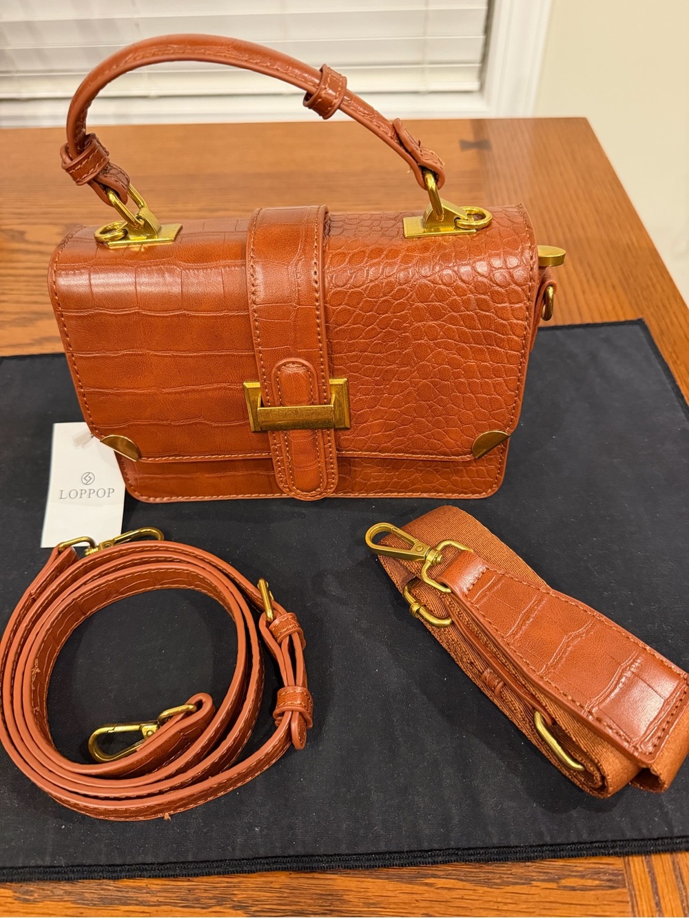 Loppop Croc-Embossed Brown Leather Top-Handle Satchel